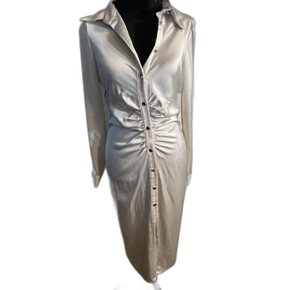 Zara White Satin Midi Shirt Dress — Ruched Front, Gold Buttons, Long Sleeve